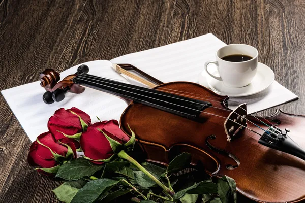 Βιολί, τριαντάφυλλο, καφέ και μουσική βιβλία — 图库照片