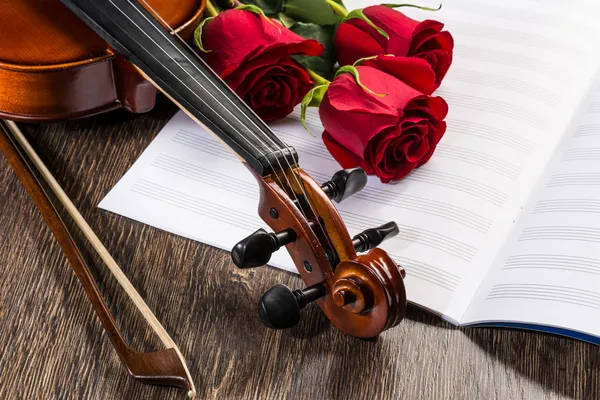 Violín, rosa y libros de música — Foto de Stock
