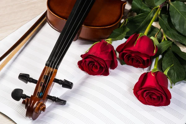 小提琴、 玫瑰和音乐书籍 — 图库照片