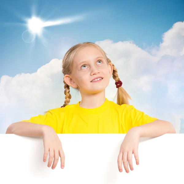 Girl holding a white banner — Stock Photo, Image