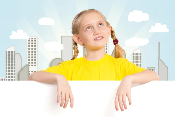 Girl holding a white banner — Stock Photo, Image