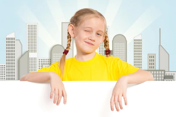 Girl holding a white banner — Stock Photo, Image