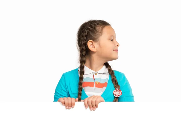 Girl holding white poster — Stock Photo, Image