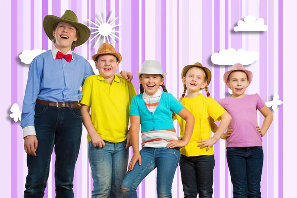 Children in a row, wearing a hat — Stock Photo, Image