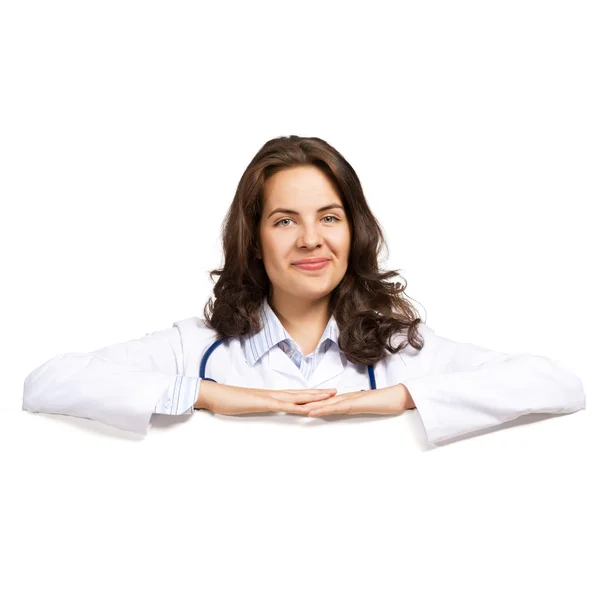 Jeune femme médecin avec une bannière vierge — Photo