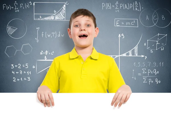 Boy holding a white banner — Stock Photo, Image