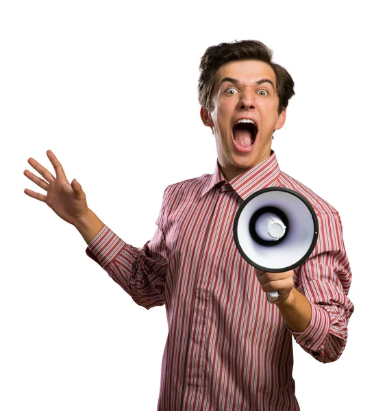 Mladý muž křičí, pomocí megafon — Stock fotografie