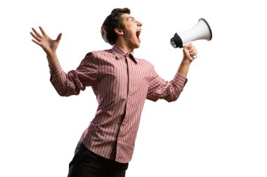 man yells into a megaphone