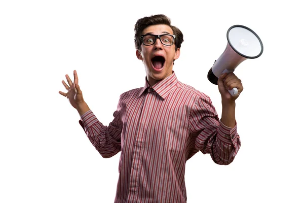 Man yells into a megaphone — Stock fotografie