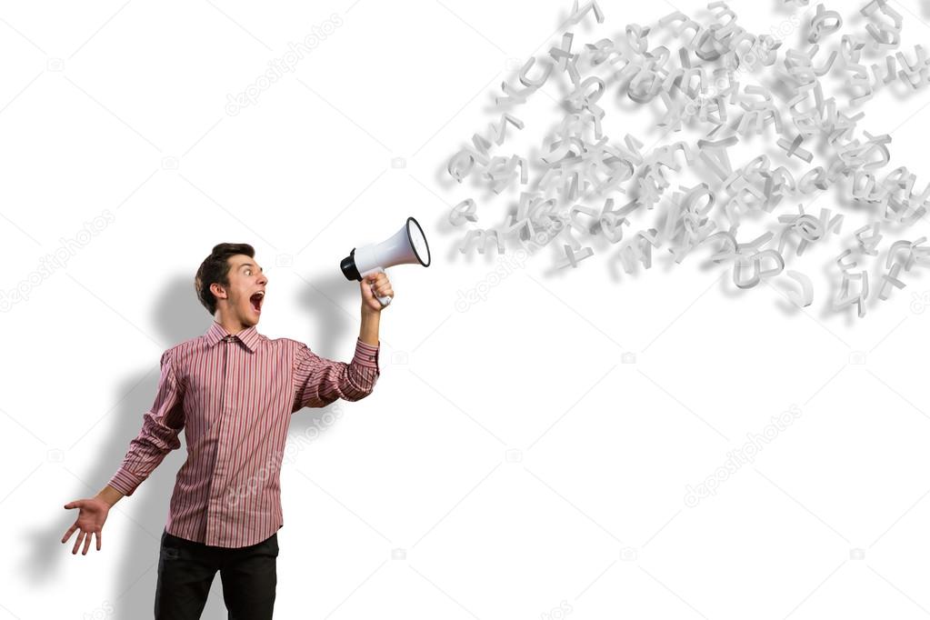 man yells into a megaphone