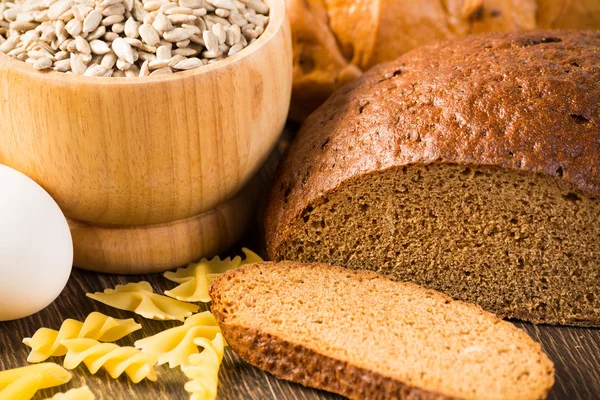 Fresh bread, eggs, pasta and grains