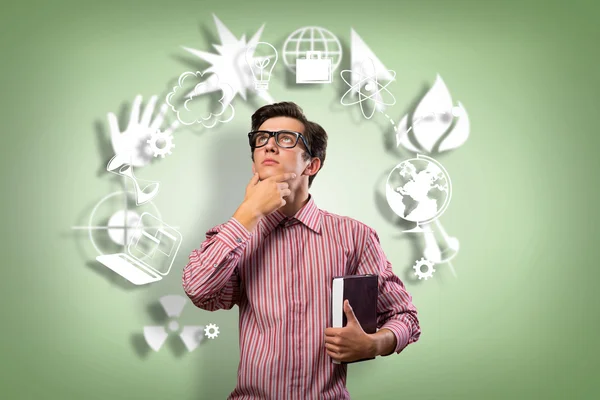 Young man scientist with glasses thinking — Stock Photo, Image