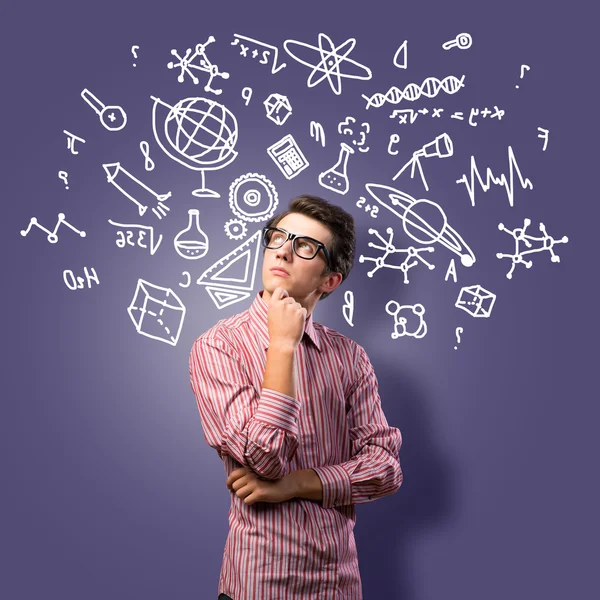 Young man scientist with glasses thinking — Stock Photo, Image