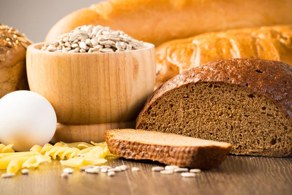 Fresh bread, eggs, pasta and grains