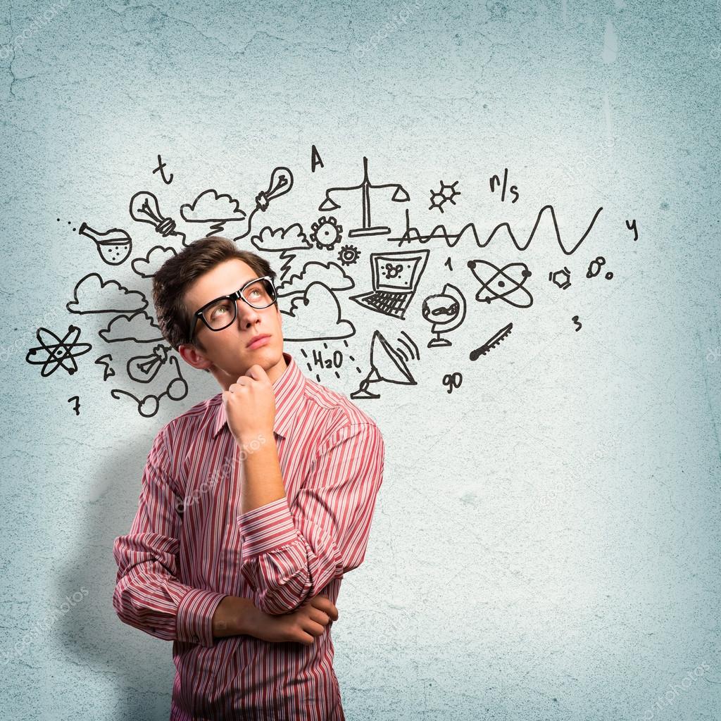 young man scientist with glasses thinking