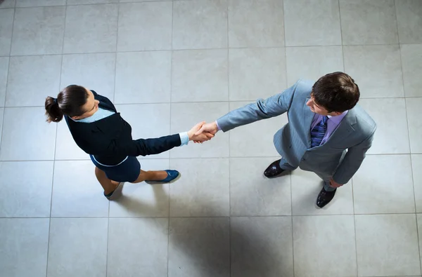 Business woman and businessman shaking hands — Stock Photo, Image