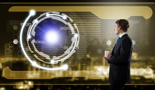 Businessman touching icon of media screen — Stock Photo, Image