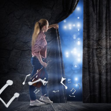 young woman pushes the curtain clipart