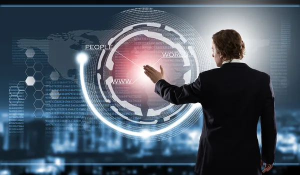 Businessman touching icon of media screen — Stock Photo, Image