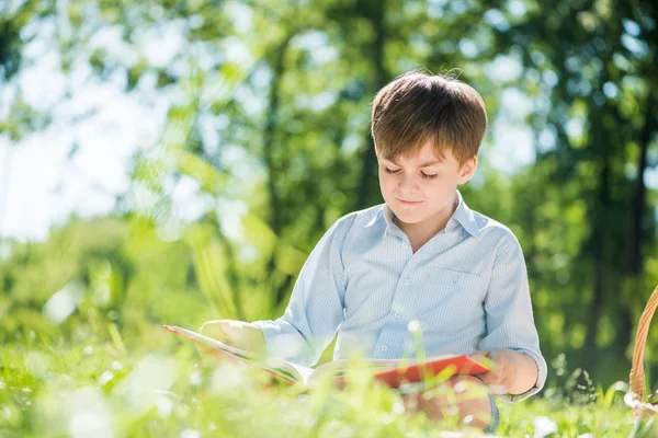 Ragazzo in parco con libro in mano — Foto Stock