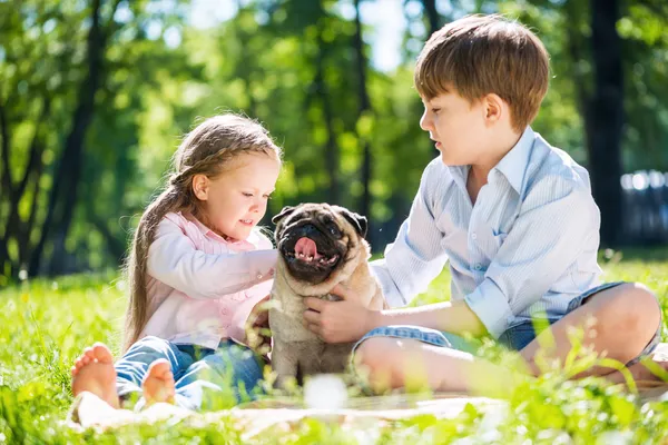 Τα παιδιά στο πάρκο με κατοικίδιο ζώο — 图库照片