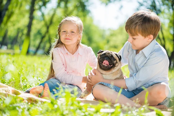 在夏季公园与他们的狗的女孩 — 图库照片