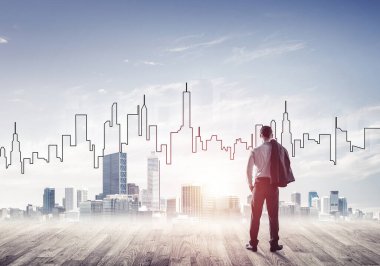 Motivasyon ve ilham konsepti modern şehir manzarası ve onu izleyen iş adamı