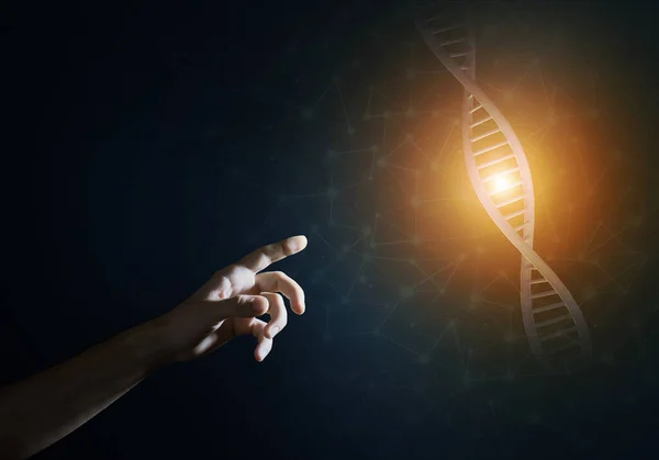 Medicina scientifica e concetti tecnologici come molecola di DNA su sfondo scuro con linee di connessione — Foto Stock