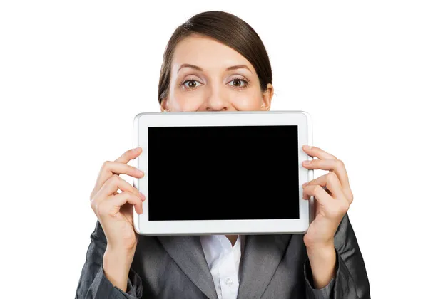 Empresaria sosteniendo tableta diseño de la computadora — Foto de Stock