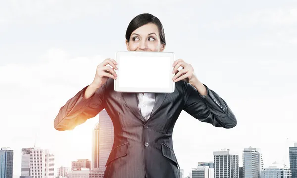 Businesswoman holding tablet computer layout — Stock Photo, Image