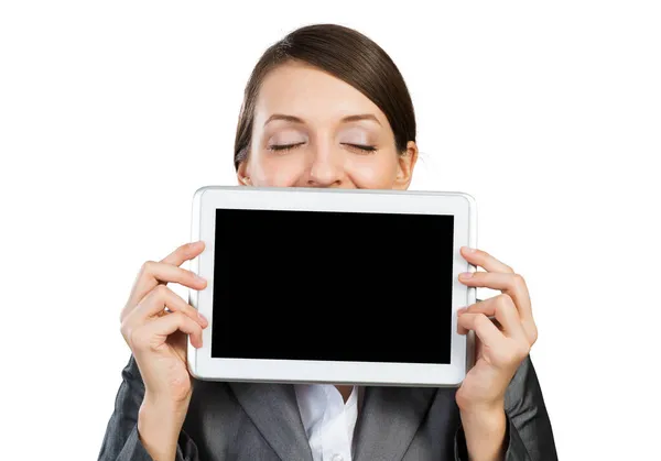 Businesswoman holding tablet computer layout — Stock Photo, Image