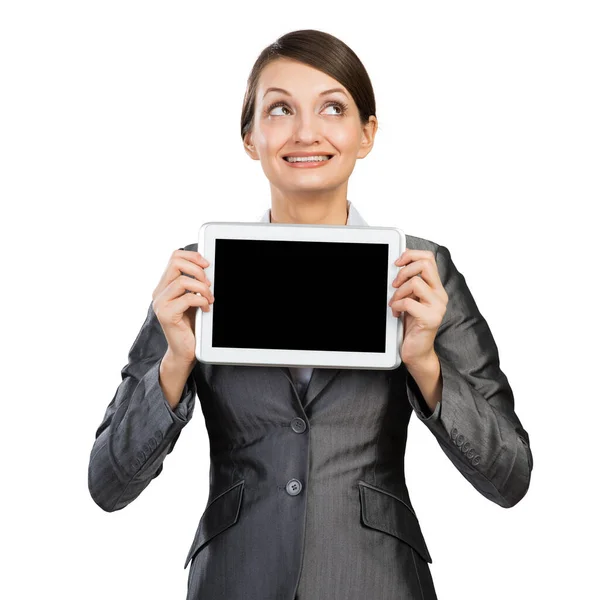 Businesswoman with tablet computer looking upwards — Stock Photo, Image