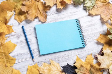 Spiral not defteri ve kalem eski ahşap masanın üzerinde.