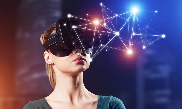 Close-up portrait of a young woman. Uses VR technology — Stock Photo, Image