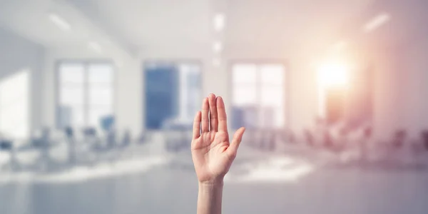 Choosing gesture of person in elegant modern interior in sunshine light — Stock Photo, Image