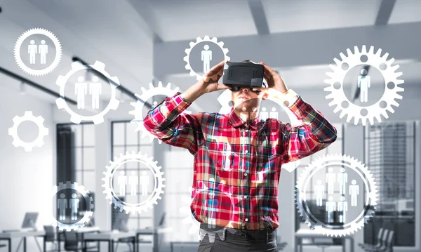 Guy wearing checked shirt and virtual mask demonstrating some emotions — Stock Photo, Image