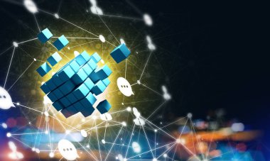 Koyu arkaplanda dijital küp figürüne sahip internet ve ağ kavramı