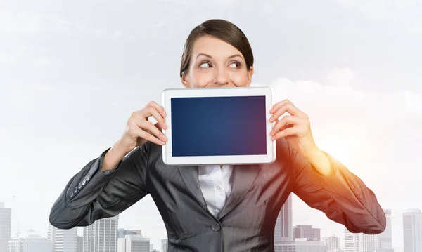 Businesswoman holding tablet computer layout — Stock Photo, Image