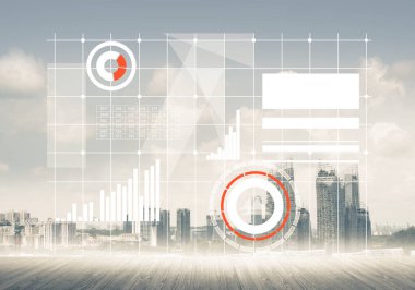 Modern Cityscape ahşap zemin ve medya arayüzü ile doğal arka plan