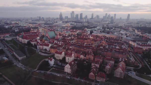 Januari Zonsondergang Boven Oude Stad Van Warschau Met Wolkenkrabbers Achtergrond — Stockvideo