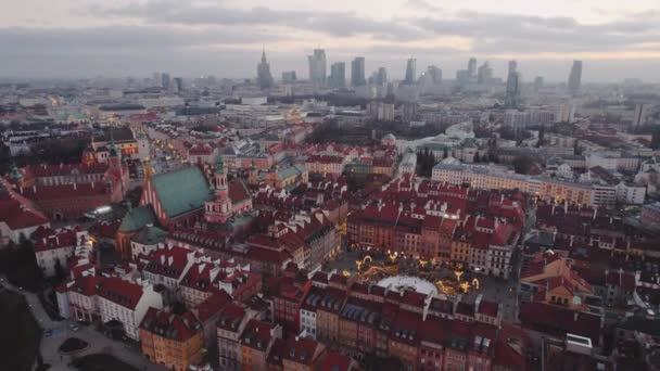 Januari Zonsondergang Boven Oude Stad Van Warschau Met Wolkenkrabbers Achtergrond — Stockvideo