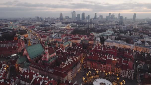 Januari Solnedgång Över Warszawa Old City Med Skyskrapor Bakgrunden Aerial — Stockvideo