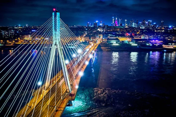 Beautiful Panoramic Aerial Drone Skyline View Center Night Warsaw Skyscrapers — Stock Photo, Image