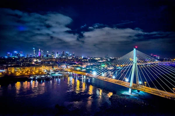 Krásný Panoramatický Letecký Bezpilotní Panoramatický Výhled Centrum Noci Varšava Mrakodrapy — Stock fotografie