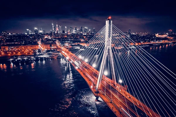 Beautiful Panoramic Aerial Drone Skyline View Center Night Warsaw Skyscrapers — Stock Photo, Image