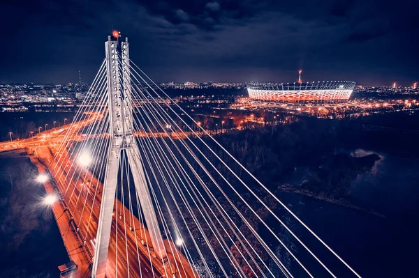 Красивая Панорамная Панорама Воздушного Беспилотника Фоне Ночного Центра Варшавы Небоскребами — стоковое фото