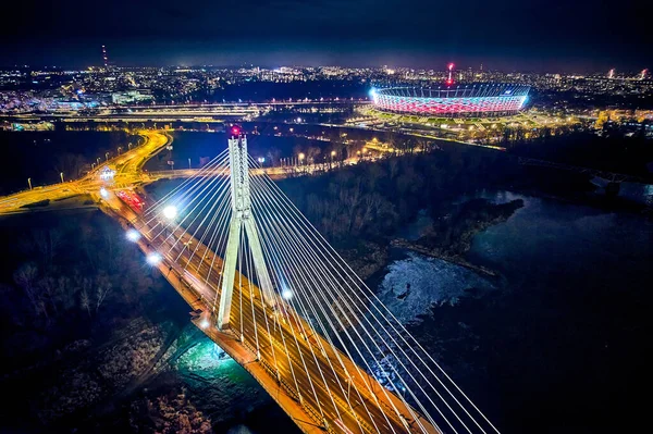 Красивая Панорамная Панорама Воздушного Беспилотника Фоне Ночного Центра Варшавы Небоскребами — стоковое фото
