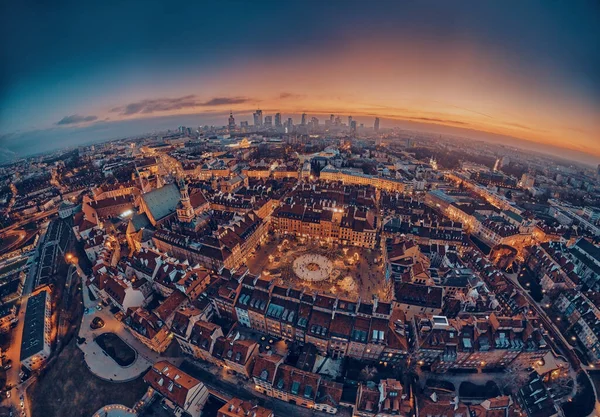 Красивая Панорамная Панорама Воздушного Беспилотника Закат Видом Центр Варшавы Небоскребами — стоковое фото
