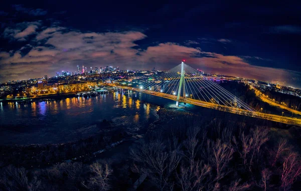 Vacker Panorama Antenn Drönare Skyline Utsikt Över Centrum Natten Warszawa — Stockfoto