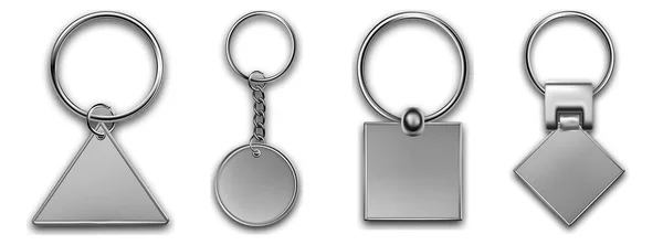 Holder trinket in other shapes isolated on white background. Realistic template metal keychain set. Trinket keyring, keyholder and breloque illustration. — Stock Vector